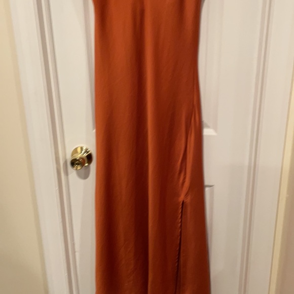 Pretty burnt orange silky spaghetti strap dress with two side slits going up leg - Picture 3 of 9